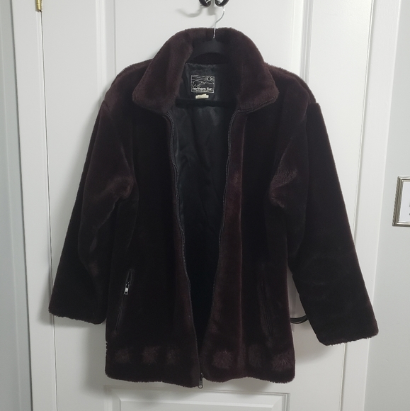 VINTAGE NORTHERN SUN Burgundy Faux Fur Floral Trim Coat - Picture 3 of 13